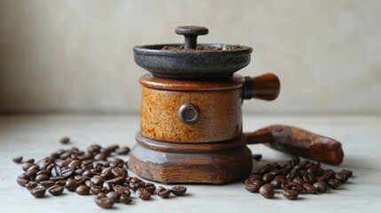 Vintage manual coffee grinder with freshly ground beans scattered around. Generative AI