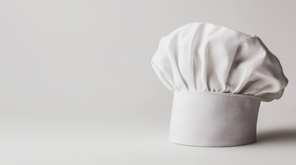A white chef's hat slightly tilted, positioned near the bottom-left corner of a smooth white background. 