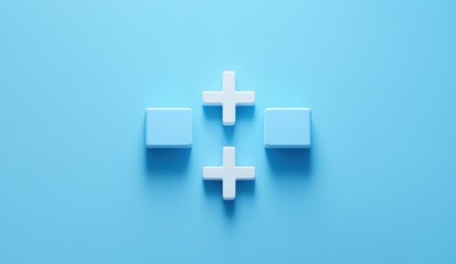 Fototapeta premium Abstract plus symbols and blocks on blue background.