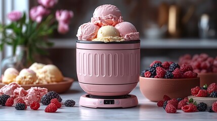Ice Cream Maker with Pink Scoops and Fresh Berries. Generative AI