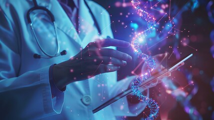 Doctor analyzing abstract glowing dna strand on digital tablet with virtual genetic interface in biotechnology and medical science concept
