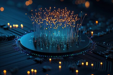 Fiber optic networks enhance speed with laser technology. Digital landscape with glowing data clusters on a circuit board.