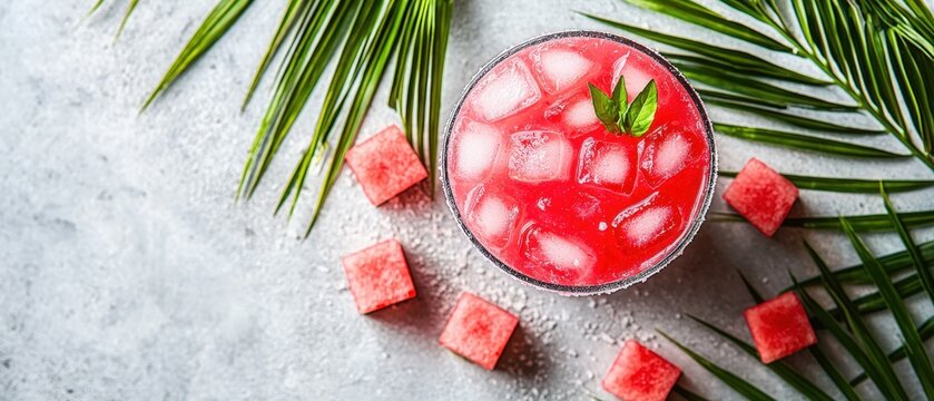 Watermelon margarita with ice cubes and fresh mint on a palm lea