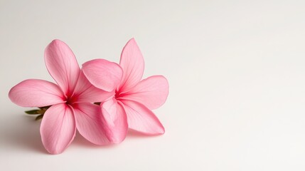 Fototapeta premium Two pink frangipani flowers, one slightly tilted, positioned asymmetrically on a soft white background.