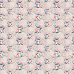 flowers small Design, repeating floral pattern. It features clusters of flowers in shades of pink, peach, and white, accompanied by blue-green leaves. The background is a light beige color Semple