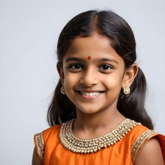 Portrait of a Smiling Indian Girl in Traditional Orange Dress