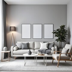 Modern Grey Living Room Interior with Blank Frames