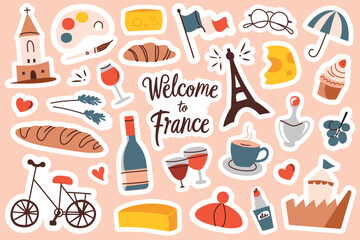 France sticker set with French symbols, Eiffel Tower, cheese, croissant and baguette. Flat vector illustrations, doodles collection for tourism, decorating travel journals, notebooks, planners