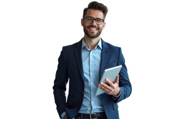 Confident Businessman Holding Tablet Isolated on Transparent Background (PNG)