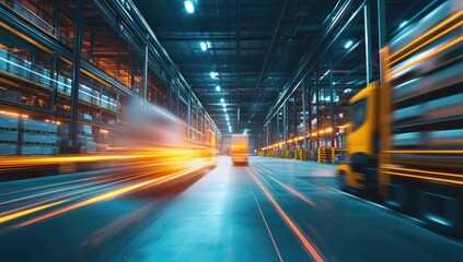Industrial Warehouse Trucks Moving Fast, Warehouse Interior