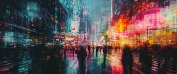 Fototapeta premium Chaotic Neon Cityscape at Night with Rain, Motion Blur, and Crowds