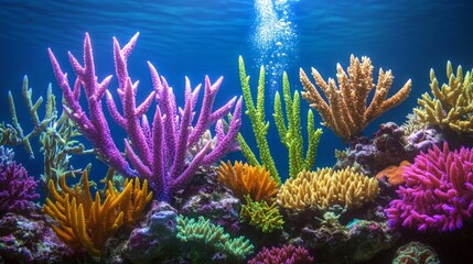 Vibrant Coral Reef with Diverse Marine Life Under Clear Blue Water