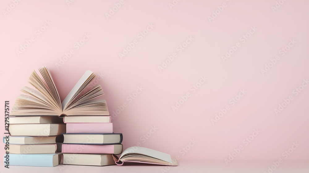 Poster vibrant arrangement of stacked books with an open notebook on a soft pink background highlighting th