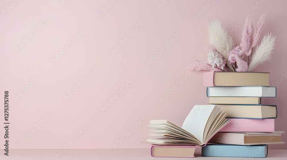 Poster Vibrant book stack arrangement on soft pink background with open notebook celebrating the joy and importance of education learning and creativity on World Book Day