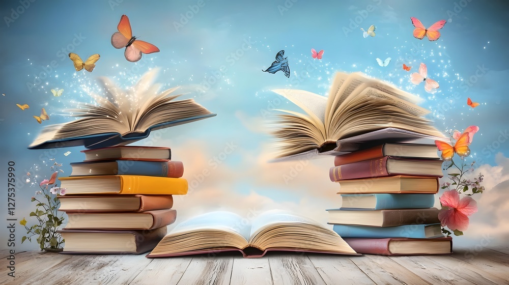 Aufkleber vibrant bookish background for world book day showcasing stacked open colorful books with whimsical 