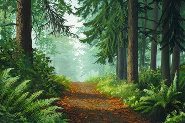 Enchanting Forest Path with Lush Ferns and Fallen Leaves in the Misty Morning Sunlight invites Exploration and Adventure.