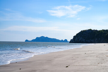 Fototapeta premium View of Chao Sam Phraya Beach, Pran Buri District, Prachuap Khiri Khan Province, Thailand, taken on 29 Dec 2023.