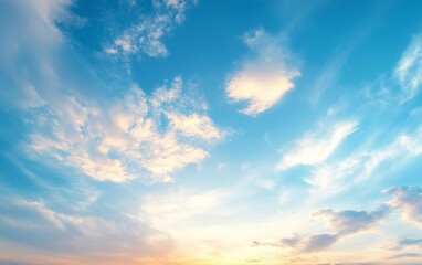 Obraz premium Blue sky with a beautiful sunset and white clouds. Panoramic background of a clear blue sky at sunrise or dusk. A soft, serene scene for nature-themed designs. High-resolution, sharp focus,