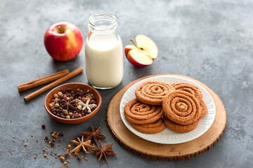 Cinnamon applesauce cookies with spices and milk bottle