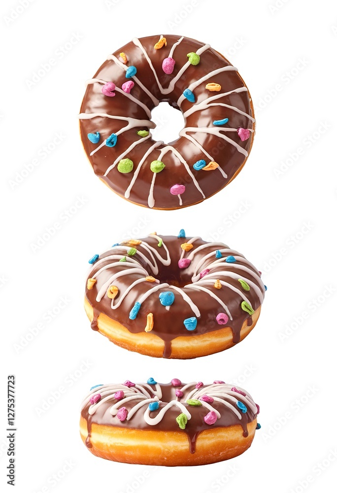 Wall mural A three glazed donuts in different positions isolated on white background