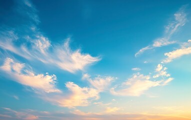 Obraz premium Blue sky with a beautiful sunset and white clouds. Panoramic background of a clear blue sky at sunrise or dusk. A soft, serene scene for nature-themed designs. High-resolution, sharp focus,