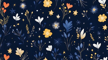 Obraz premium A Charming Floral Pattern with White and Yellow Flowers on a Dark Blue Background