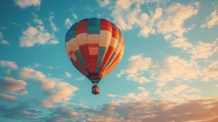 Fototapeta premium Vibrant Hot Air Balloon Soaring Through Blue Sky with Dreamy Clouds at Sunrise