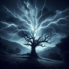 Electric energy surges through the branches of a gnarled tree against a dark sky.
