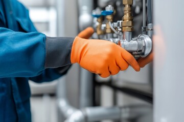 Maintenance worker adjusting industrial valves in a facility during midday operations for optimal functionality
