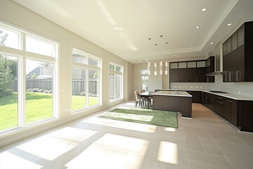 Sunlit modern kitchen, backyard view, new home, real estate