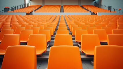 Naklejka premium Orange seats are arranged in rows in the stadium.