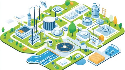 Fototapeta premium A vibrant illustration of an industrial complex featuring various facilities and green spaces