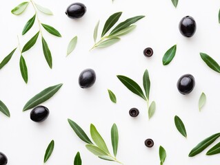 Olive leaves and olives on a white background with copy space for text, in a flat lay. Flat lay of olive tree branches with green fruits on a white background with copy space. Stock photo contest .