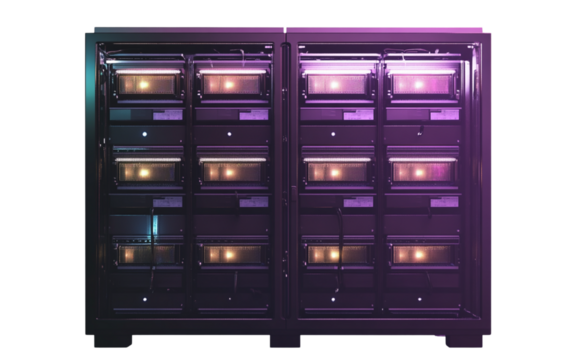 Multiple sleek server racks, representing cutting-edge modern technology and advanced data storage solutions, set against a transparent background. - Powered by Adobe