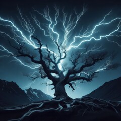 Electric energy surges through the branches of a gnarled tree against a dark sky.
