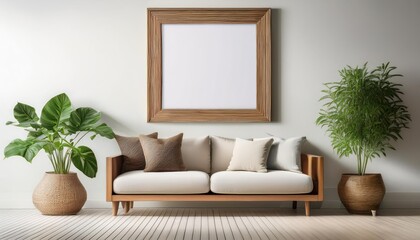 Stylish Living Room SetUp Square Wooden Frame, Green Plants, and a Comfortable Sofa Amidst a Minimalist White Backdrop Perfect for Interior Design Inspiration.