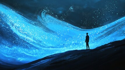Silhouette by a Glowing Blue Ocean Wave at Night