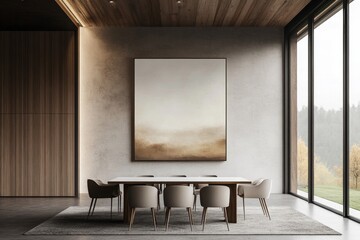 Modern dining room, large art, forest view, wood accents, interior design