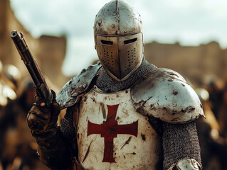 Naklejka premium Knight holding hand gun