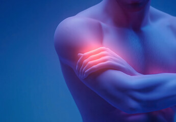 A 3D model of an elbow joint is shown, highlighting areas of pain and inflammation with bright red and orange colors. Generative AI.