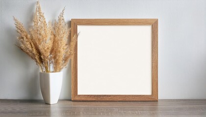 Square Wooden Frame Mockup for Artwork Rustic Elegance Showcasing a Square Art Piece Against a Minimalistic Background, Perfect for Digital Art, Home Decor or Design Inspiration.