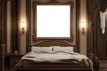 Luxurious bedroom interior mockup with empty frame