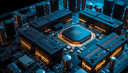 Fototapeta premium Close-up of Illuminated Computer Motherboard with CPU