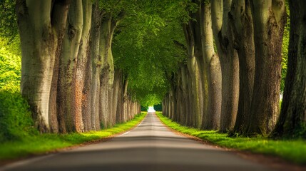 Scenic tree lined road invites exploration of nature's beauty and peaceful journey into the countryside.