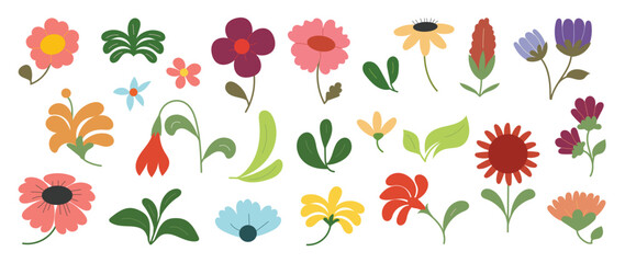 Collection of spring colorful flower elements vector. Set floral of wildflower, leaf branch, foliage on white background. Hand drawn blossom illustration for decor, easter, thanksgiving, clipart.