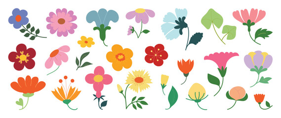 Collection of spring colorful flower elements vector. Set floral of wildflower, leaf branch, foliage on white background. Hand drawn blossom illustration for decor, easter, thanksgiving, clipart.