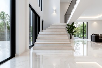 Fototapeta premium Chic luxury home with white marble floors and designer furniture.