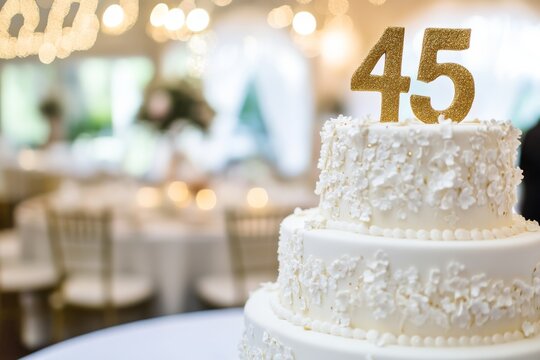 45th birthday cake adorned a gold accents. Birthday party. Blurred light festive background. Golden balloons. Forty five years, Forty-fifth anniversary. Celebration cake, golden candles. Numbers 45
