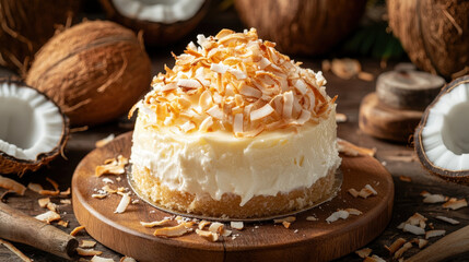 Creamy Coconut Cheesecake with Toasted Coconut Flakes on a Wooden Plate