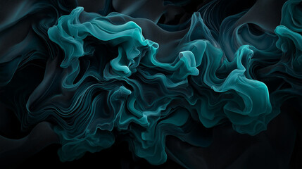 Abstract digital art of flowing turquoise smoke waves against black background, creating ethereal and dynamic fluid patterns with smooth gradients and organic movement
